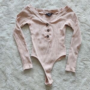 Tan Ribbed Off the Shoulder Bodysuit